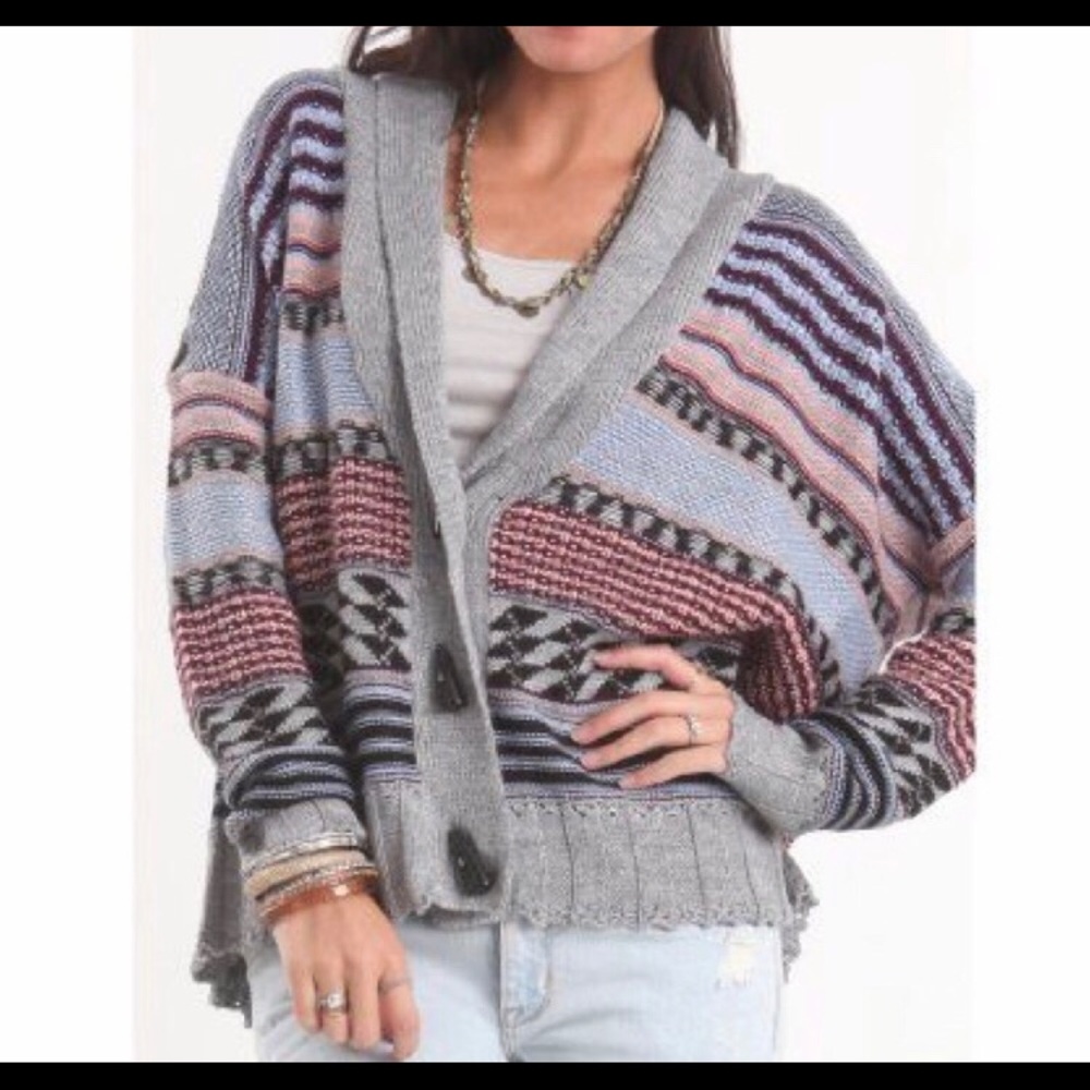 Pink blue and gray cardigan sweater